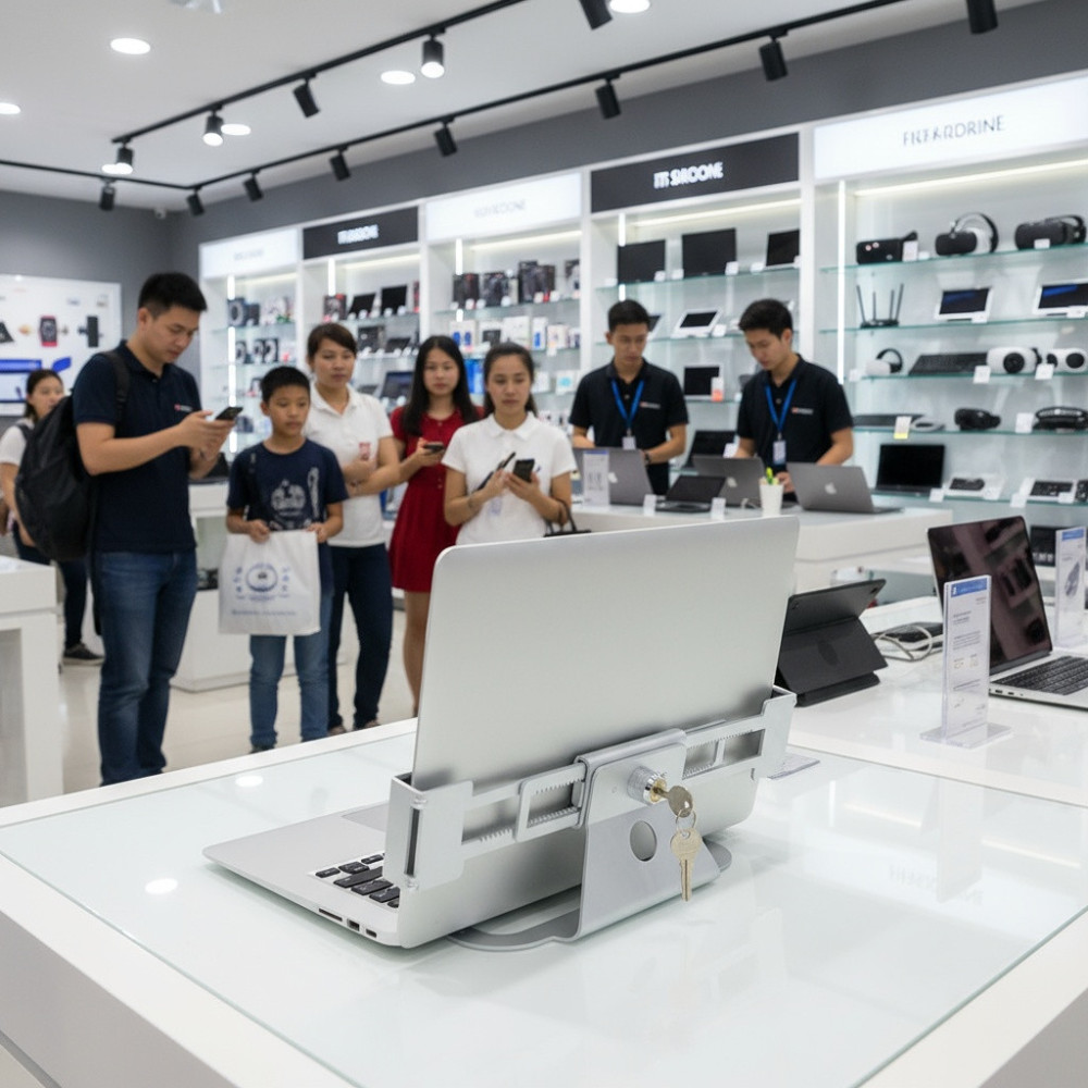 Laptop-Sicherheitsständer mit Schloss – Verstellbar 29,5–45cm, Vollmetall, Diebstahlschutz für Einzelhandel